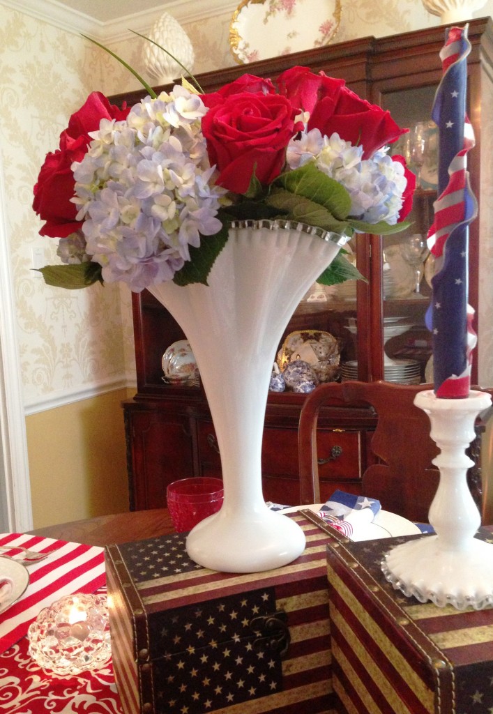 centerpiece-milk glass trumpet vase close up